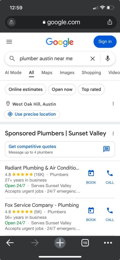 mobile search of plumber near me in google search
